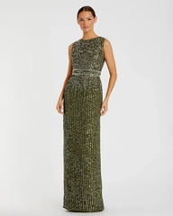Green Sequined High Neck Sleeveless Column Gown