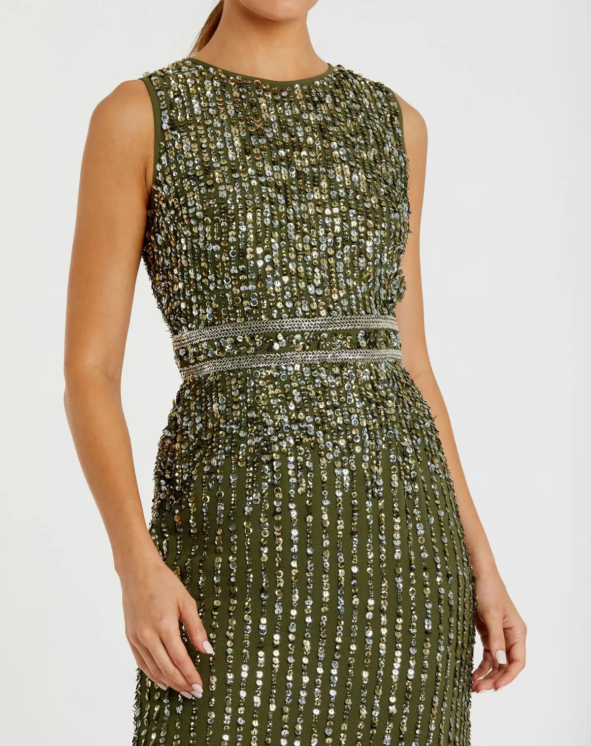 Green Sequined High Neck Sleeveless Column Gown