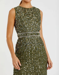 Green Sequined High Neck Sleeveless Column Gown