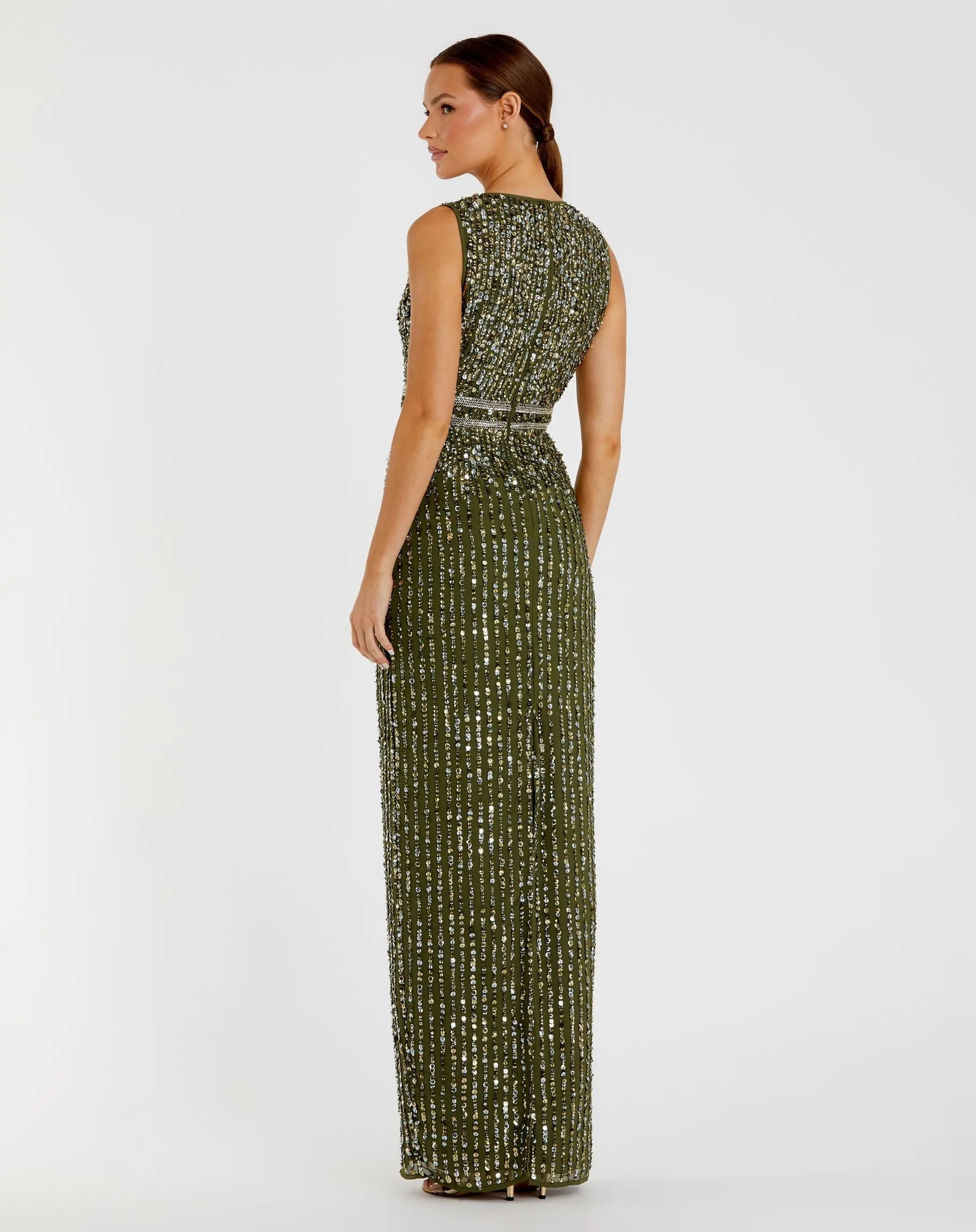 Green Sequined High Neck Sleeveless Column Gown