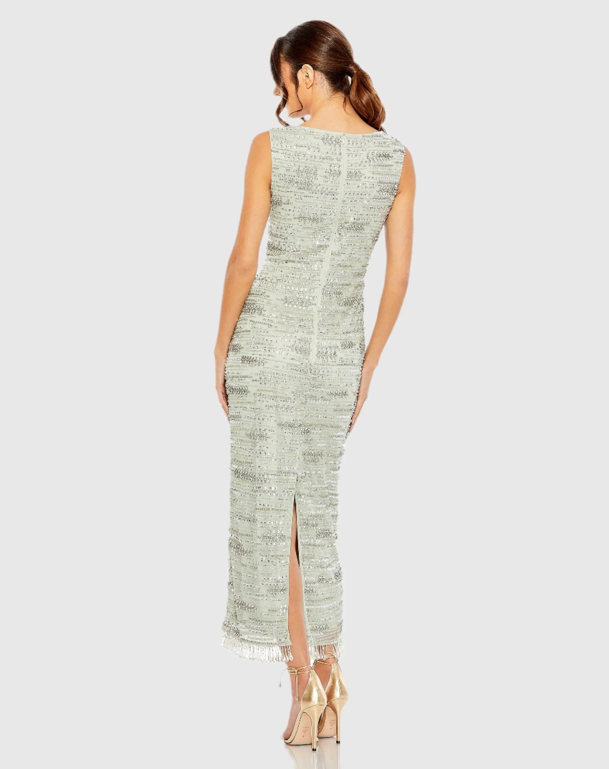 Green Sleeveless Crystal Fringe Column Dress