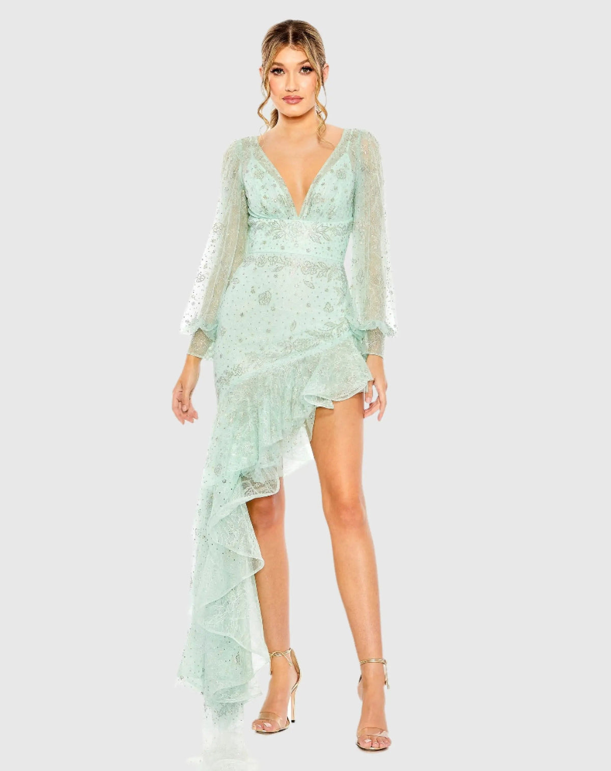 Green V Neck Empire Sleeve High Low Dress