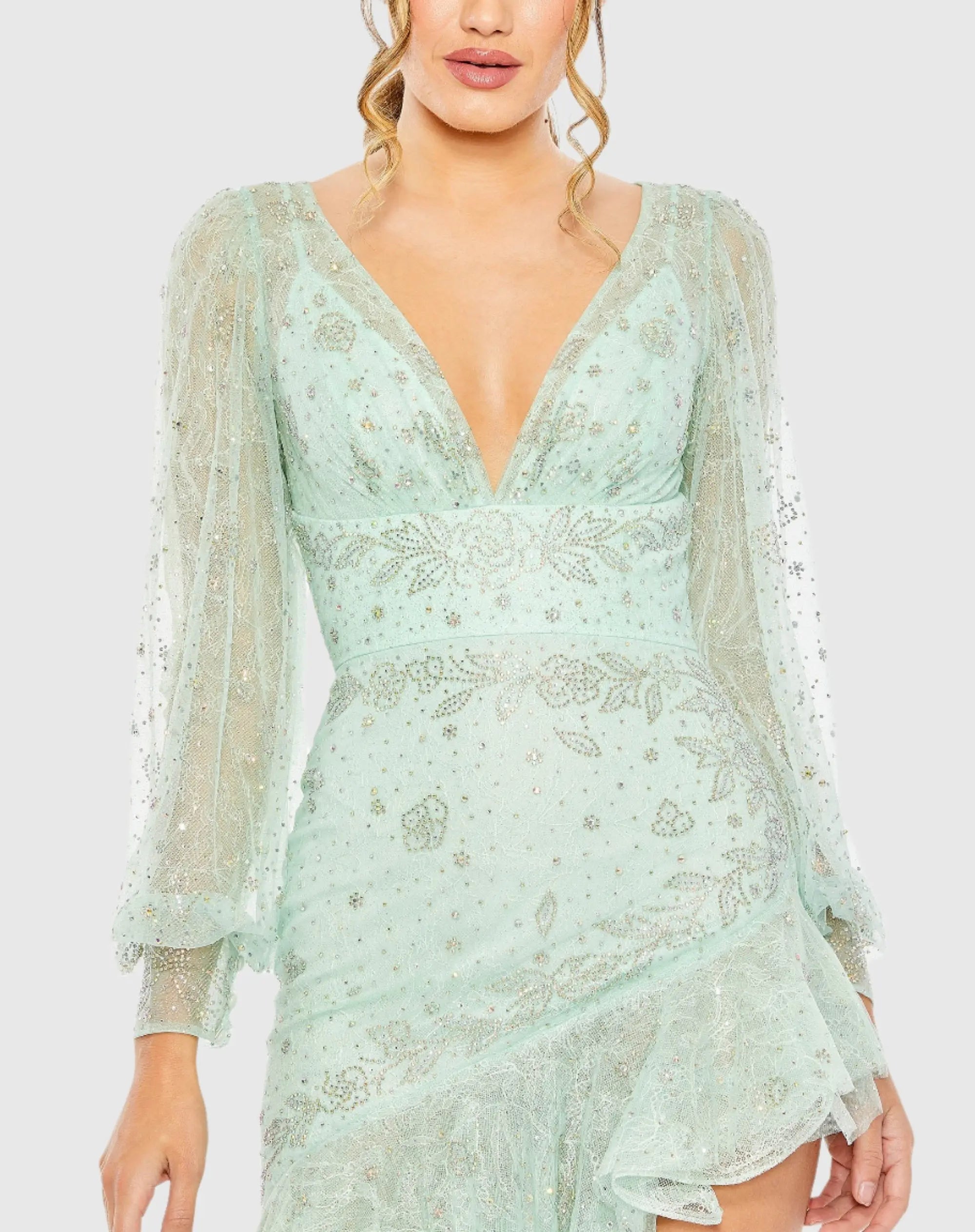 Green V Neck Empire Sleeve High Low Dress