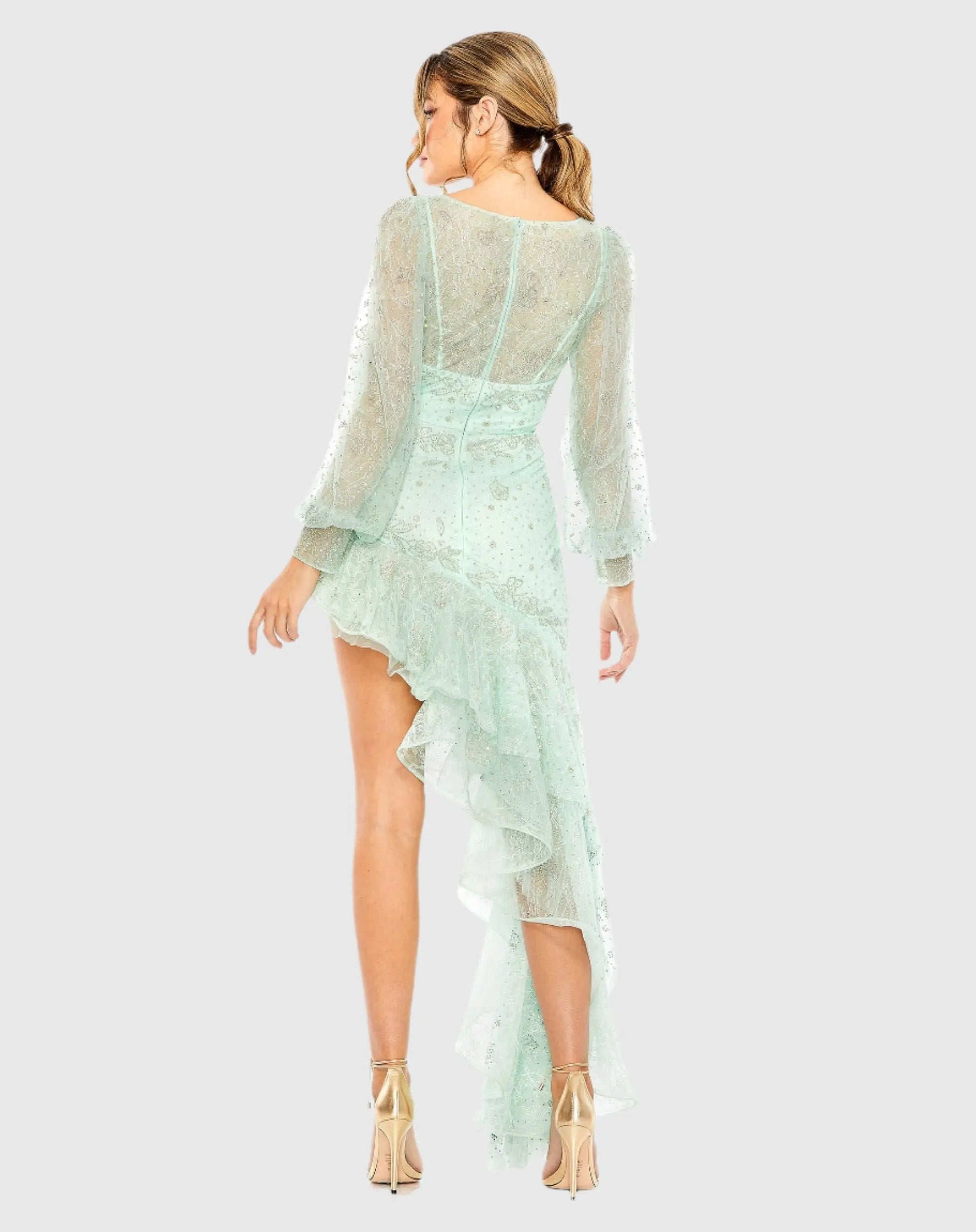 Green V Neck Empire Sleeve High Low Dress