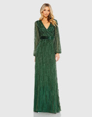 Wrap Over Puff Sleeve Embellished Gown