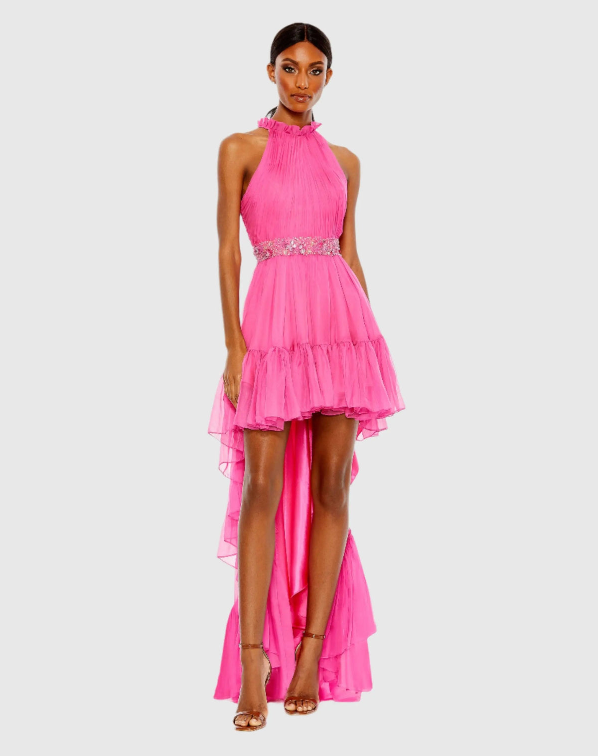 Pink Halter Neck High Low Flowy Gown