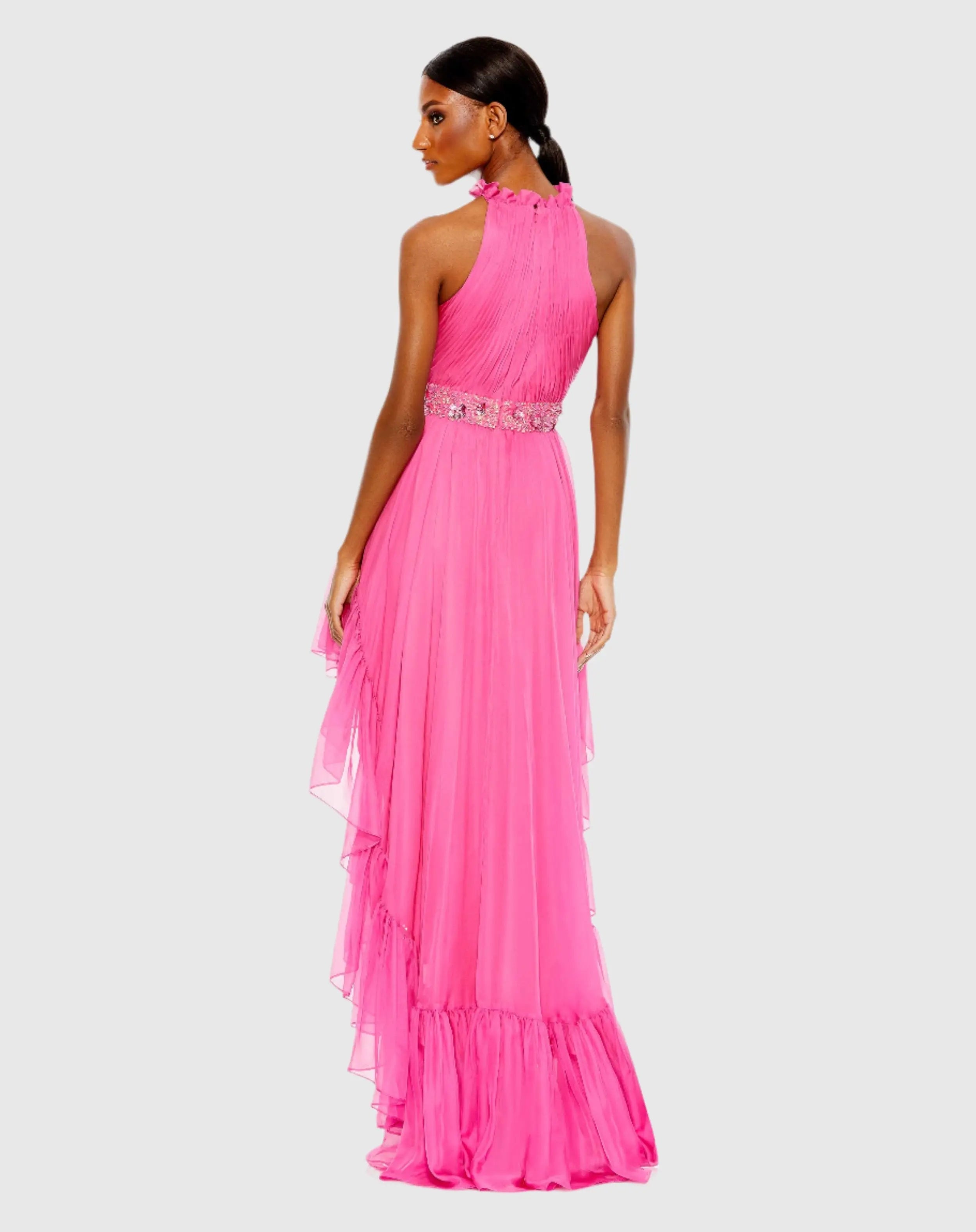 Pink Halter Neck High Low Flowy Gown