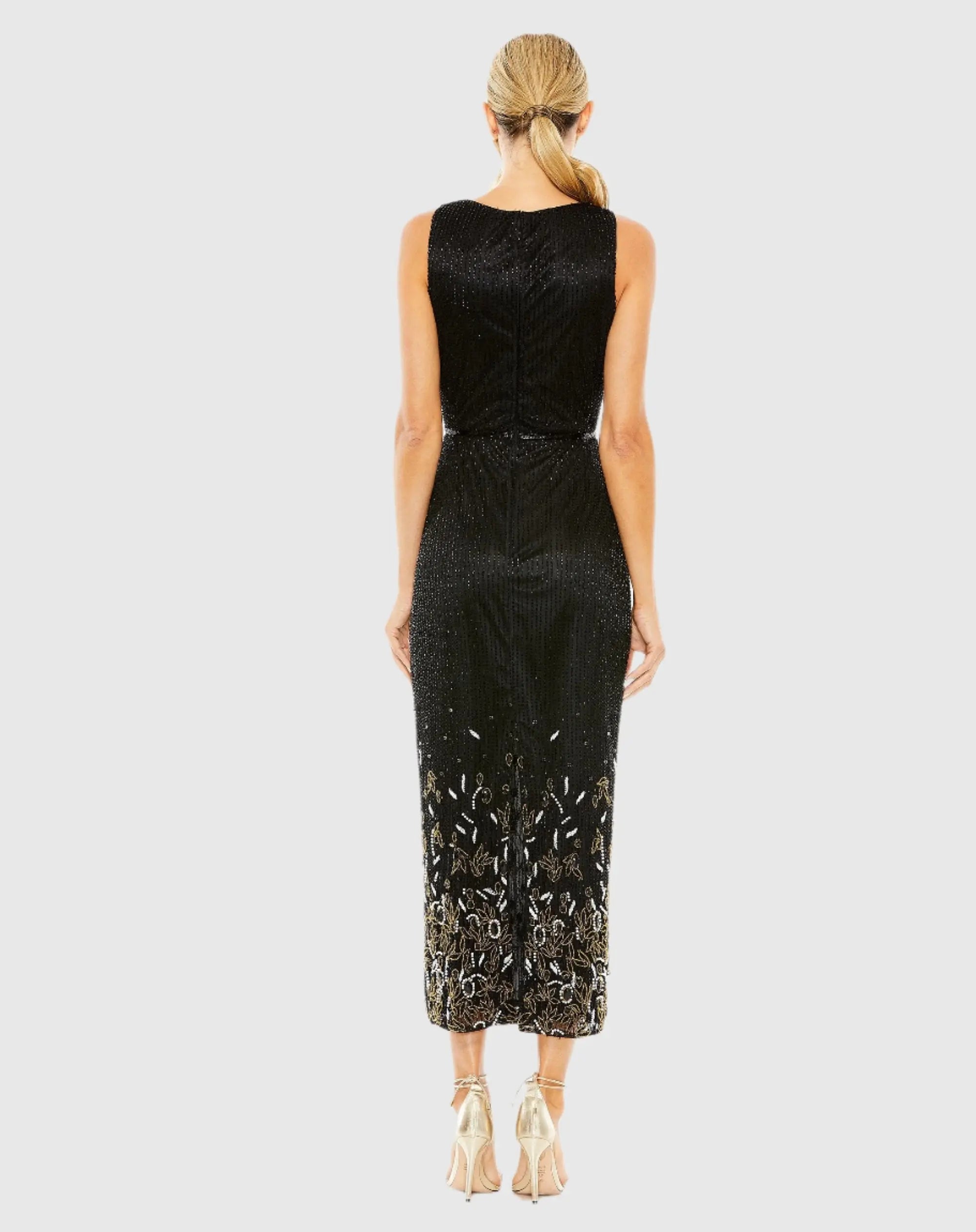 Black High Neck Embellished Sheath Dress