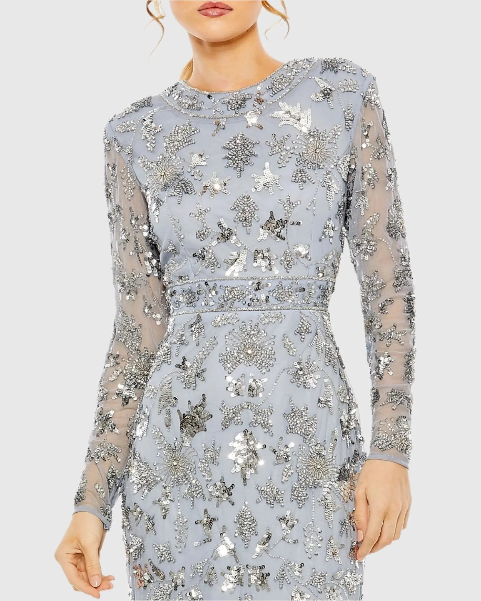 Blue High Neck Long Sleeve Embellished Column Gown