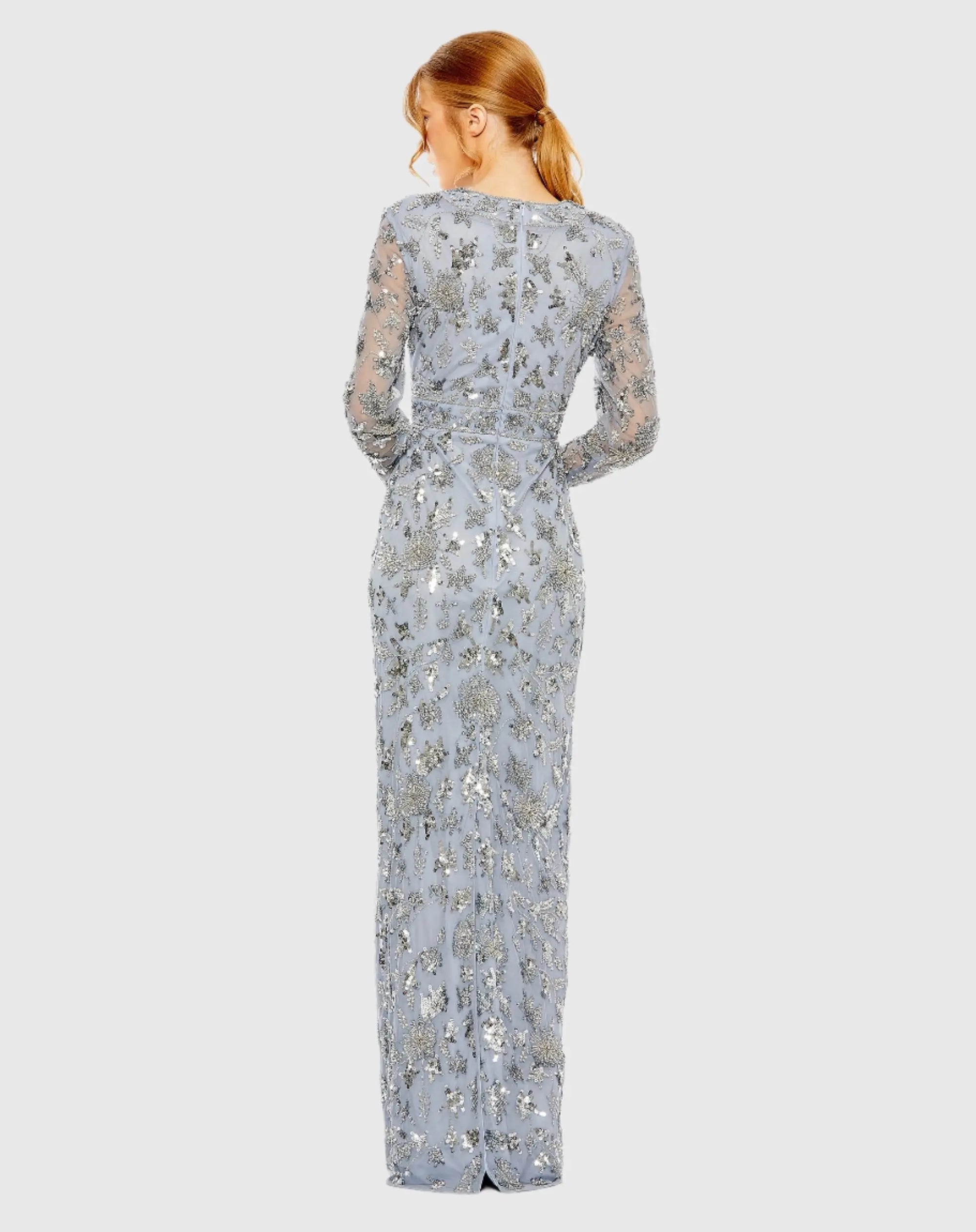 Blue High Neck Long Sleeve Embellished Column Gown