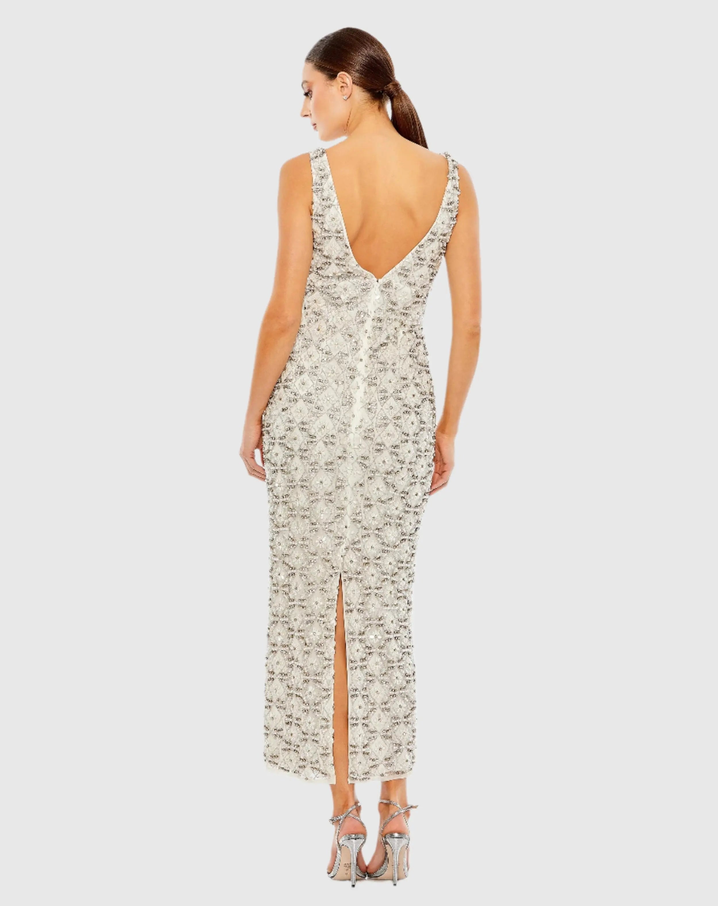 Ivory Fully Beaded Sleeveless Column Dress