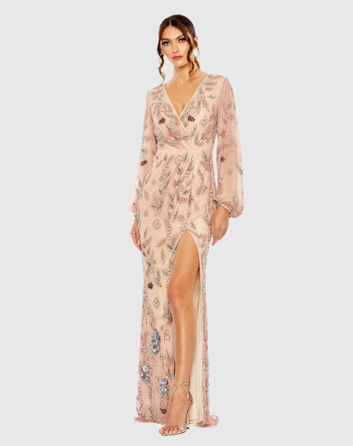 Pink Long Sleeve Floral Beaded Surplice Wrap Gown