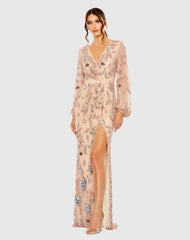 Pink Long Sleeve Floral Beaded Surplice Wrap Gown
