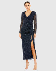 Navy Long Sleeve V-Neck Sequin Dress
