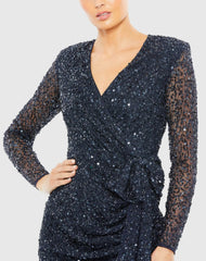Navy Long Sleeve V-Neck Sequin Dress