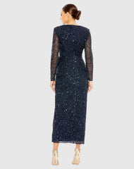 Navy Long Sleeve V-Neck Sequin Dress