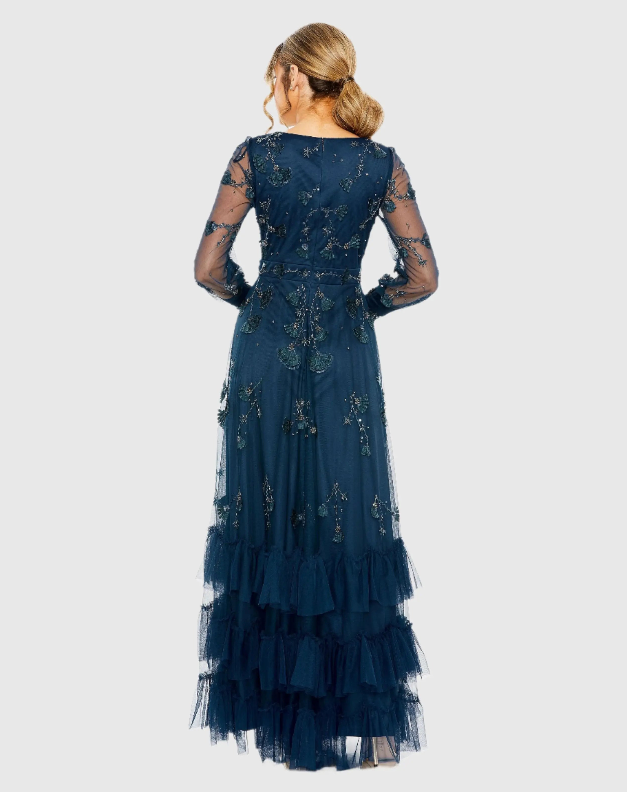 Navy Mesh Long Sleeve V-Neck Tiered A Line Gown