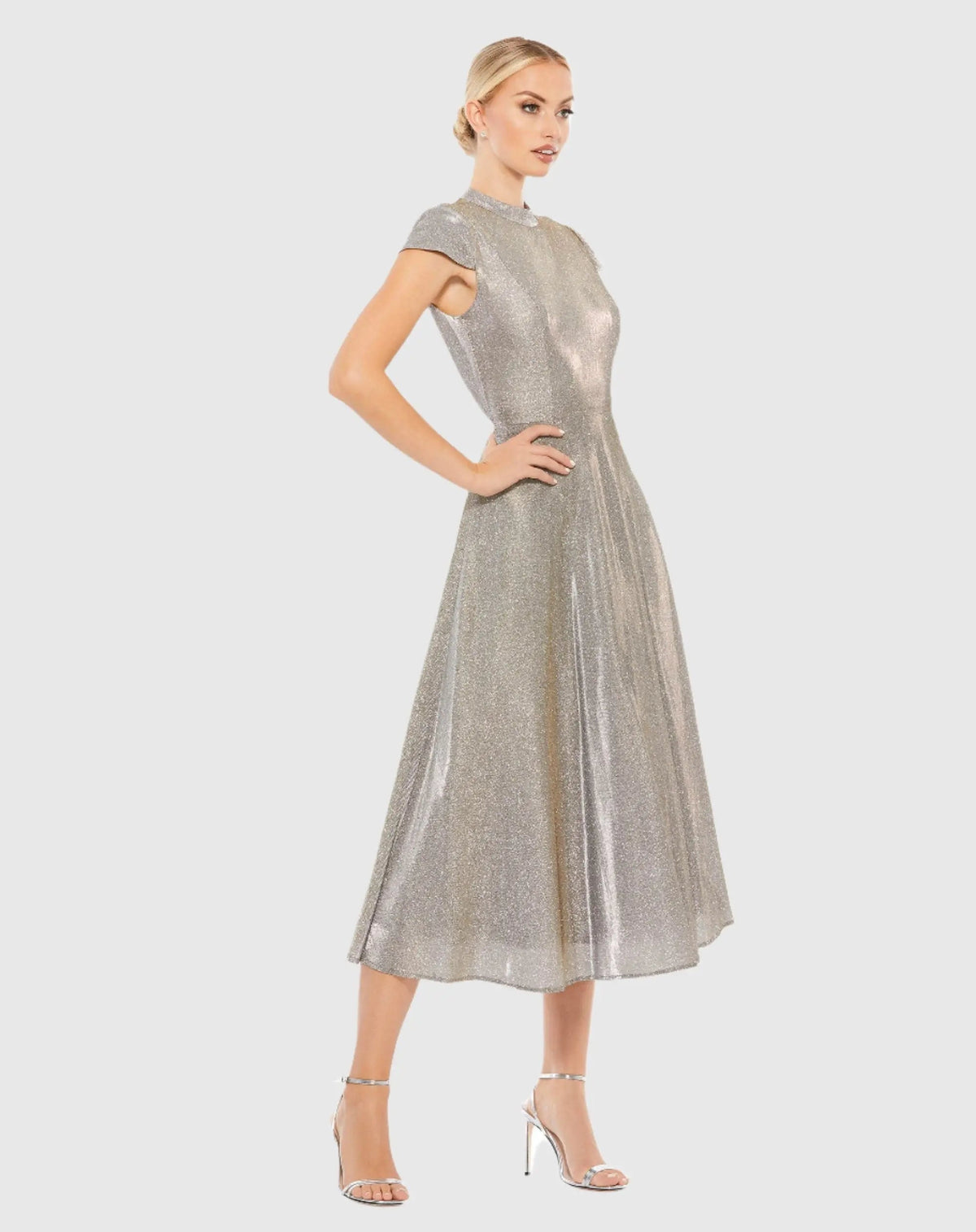 Silver Metallic Cap Sleeve Tea-Length Dress