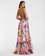 Multicolor Asymmetrical Ruffled Halter Floral Gown