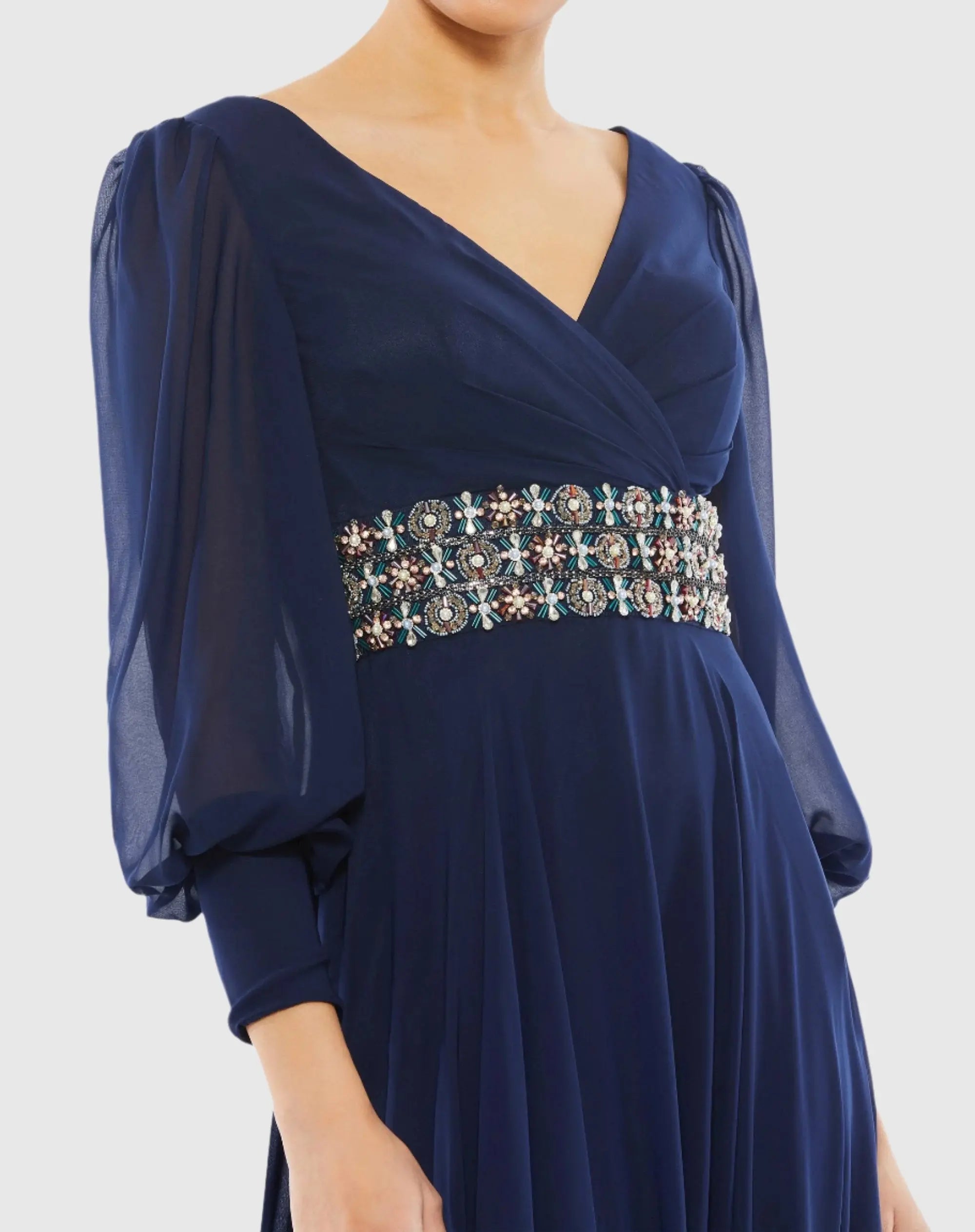 Navy Bishop Sleeve Wrap Over Belt Detail Flowy Gown
