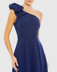 Navy Bow One Shoulder A Line Gown