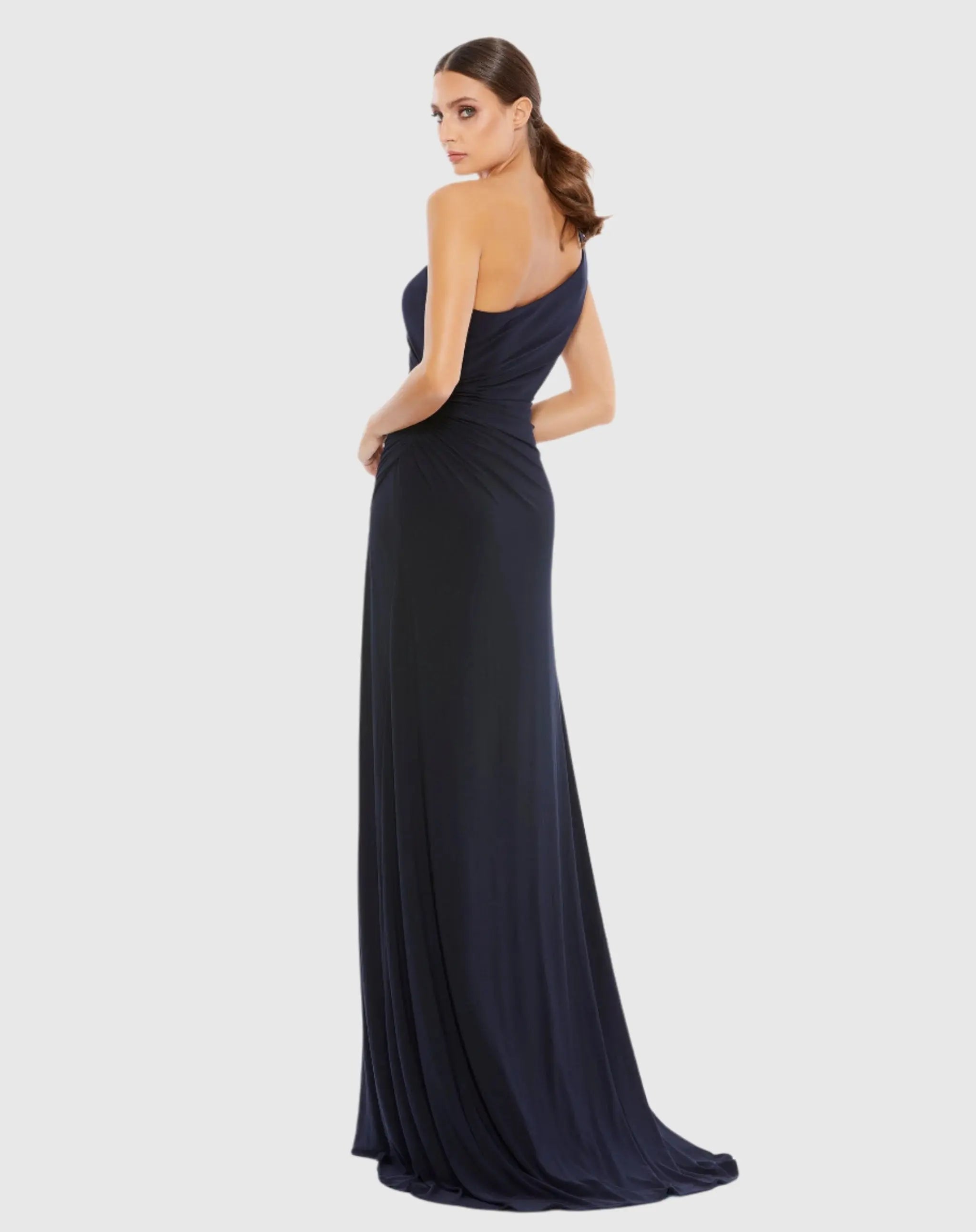 Navy One Shoulder Ruched Jersey Evening Gown