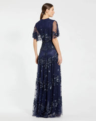 Navy Sequined High Neck Flutter Sleeve A Line Gown