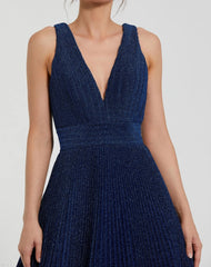 Navy Shimmering Pleated Sleeveless Gown