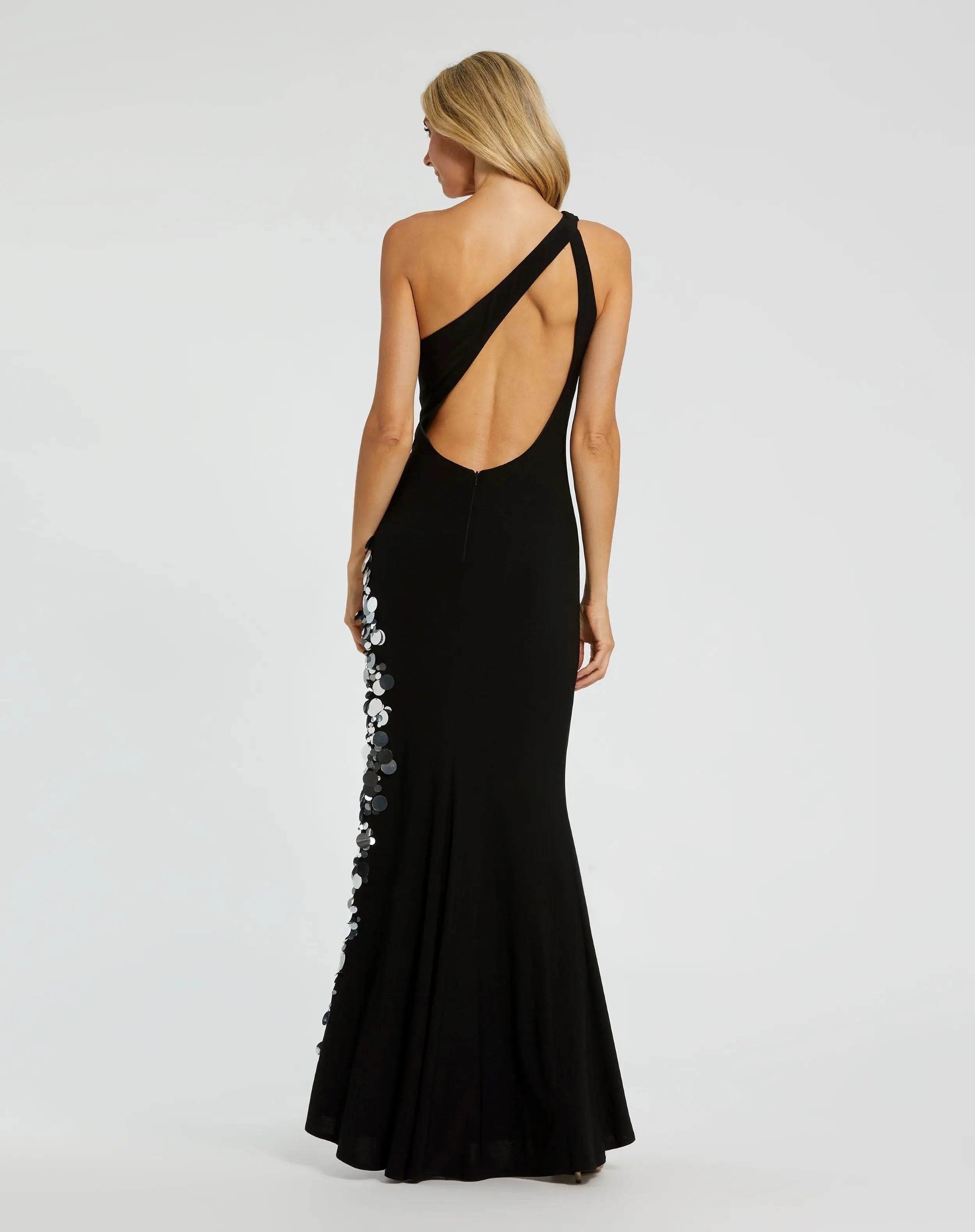 Black One Shoulder Keyhole Gown with Embellished Slit