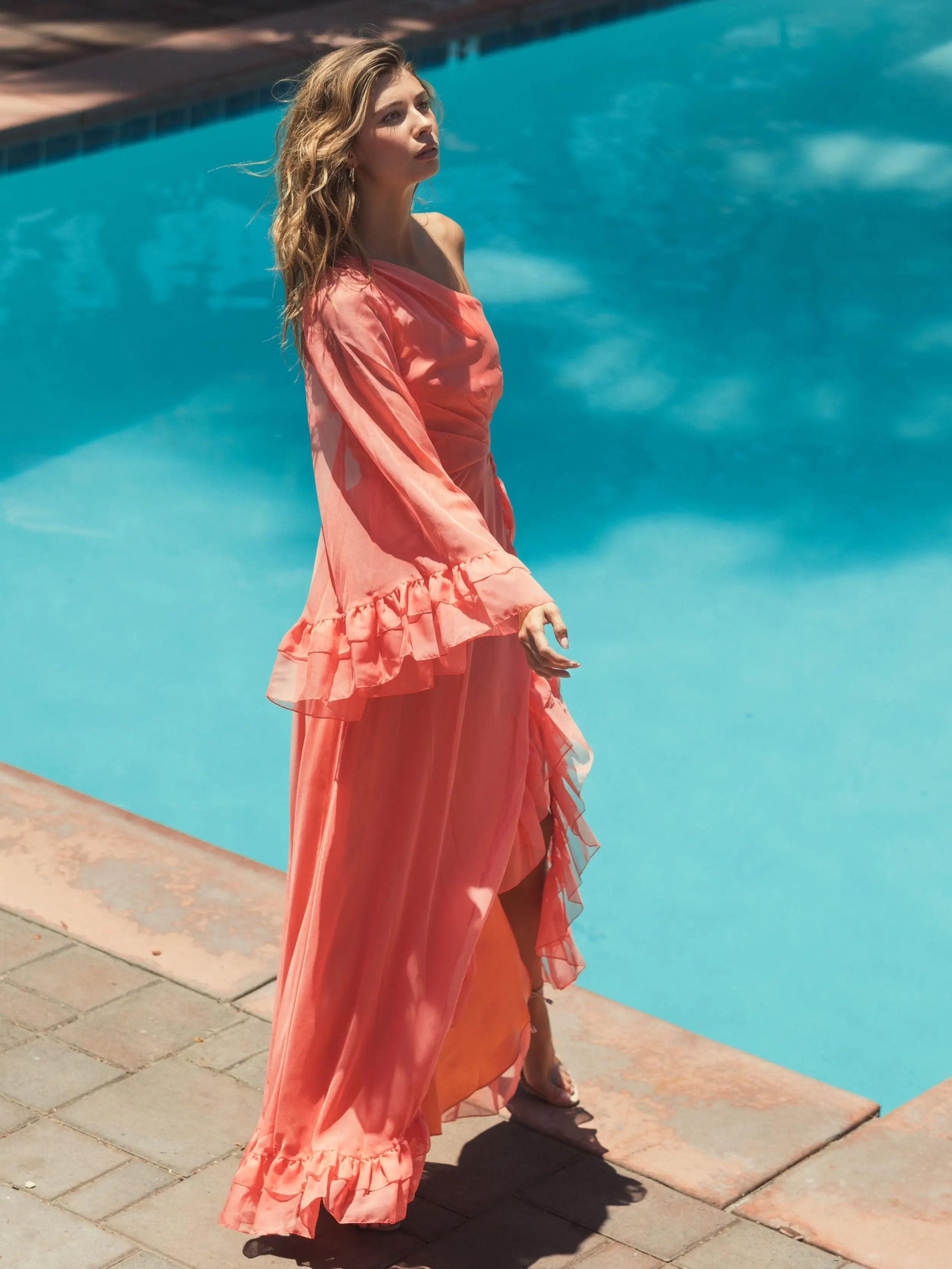 Orange One Sleeve Ruffled Hem Gown