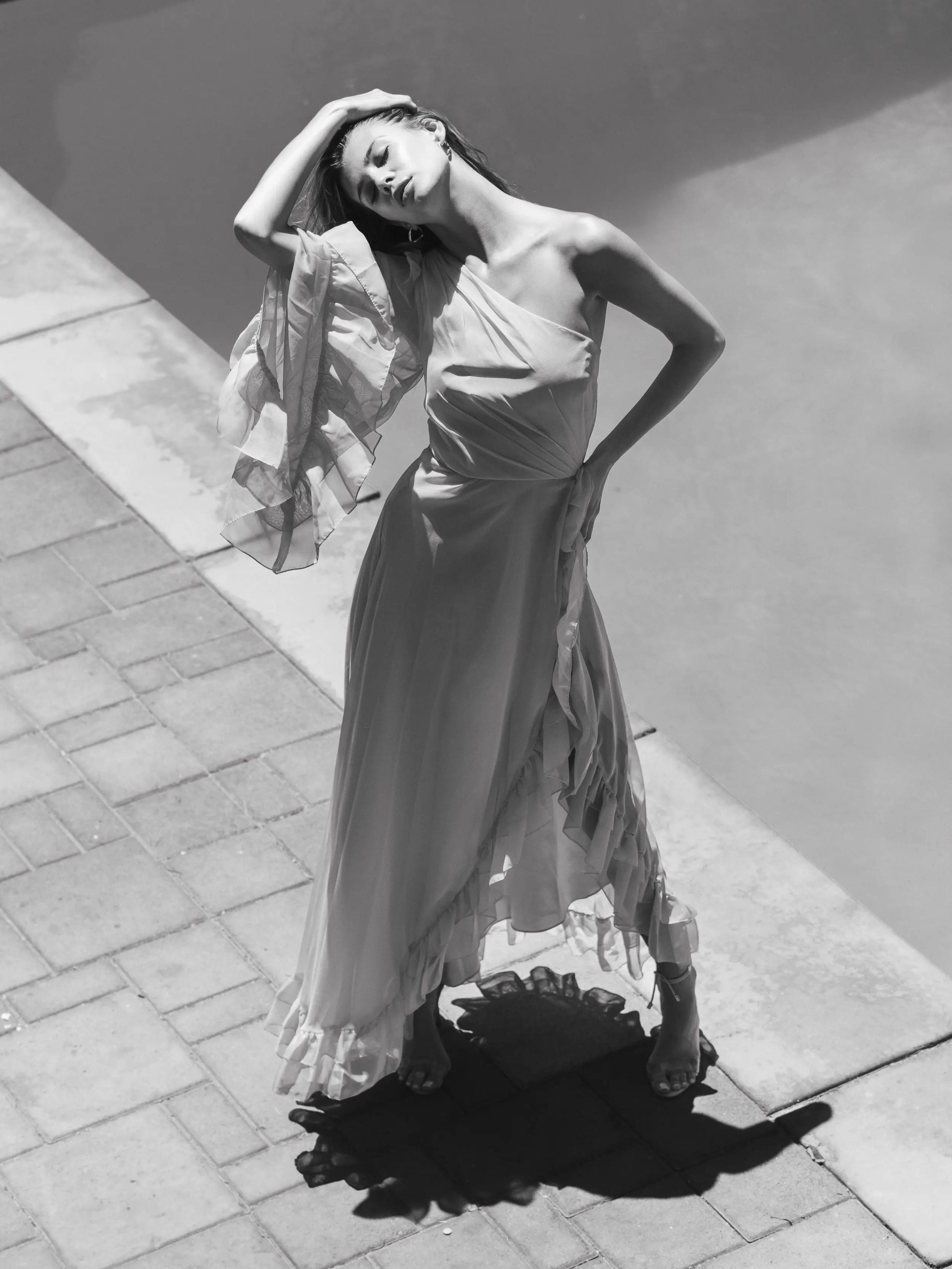 Orange One Sleeve Ruffled Hem Gown