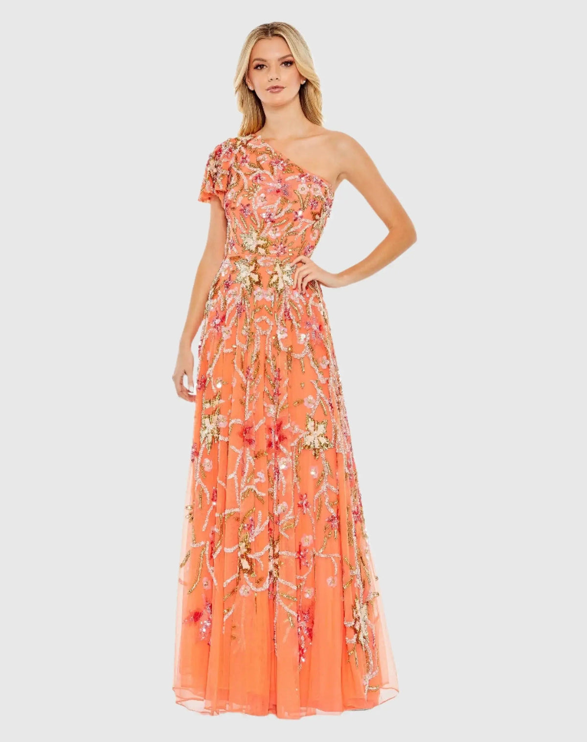Orange One Shoulder Floral Embellished Gown