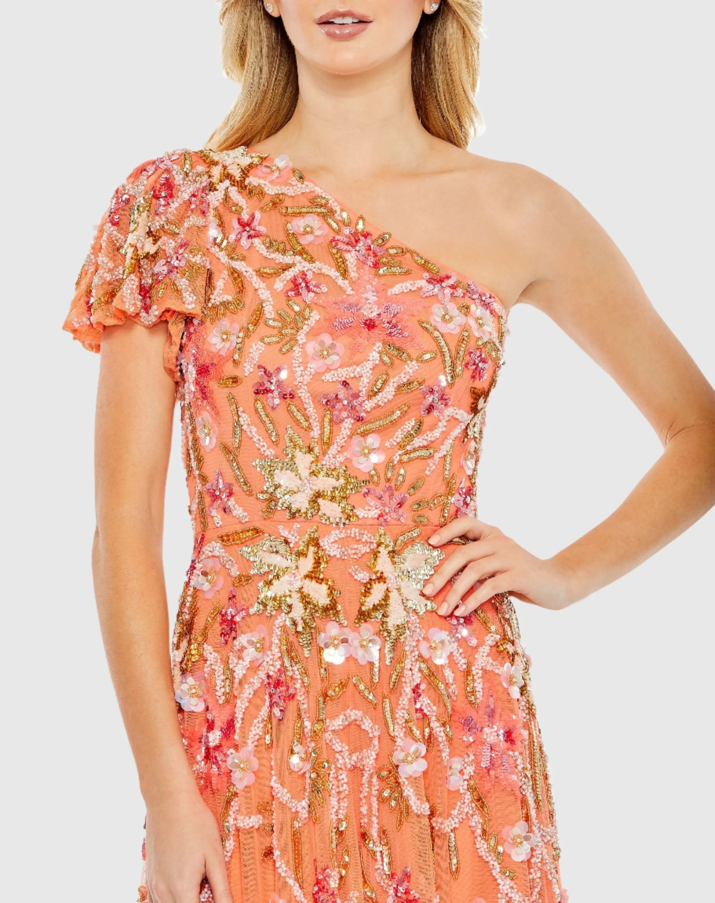 Orange One Shoulder Floral Embellished Gown