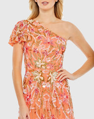 Orange One Shoulder Floral Embellished Gown