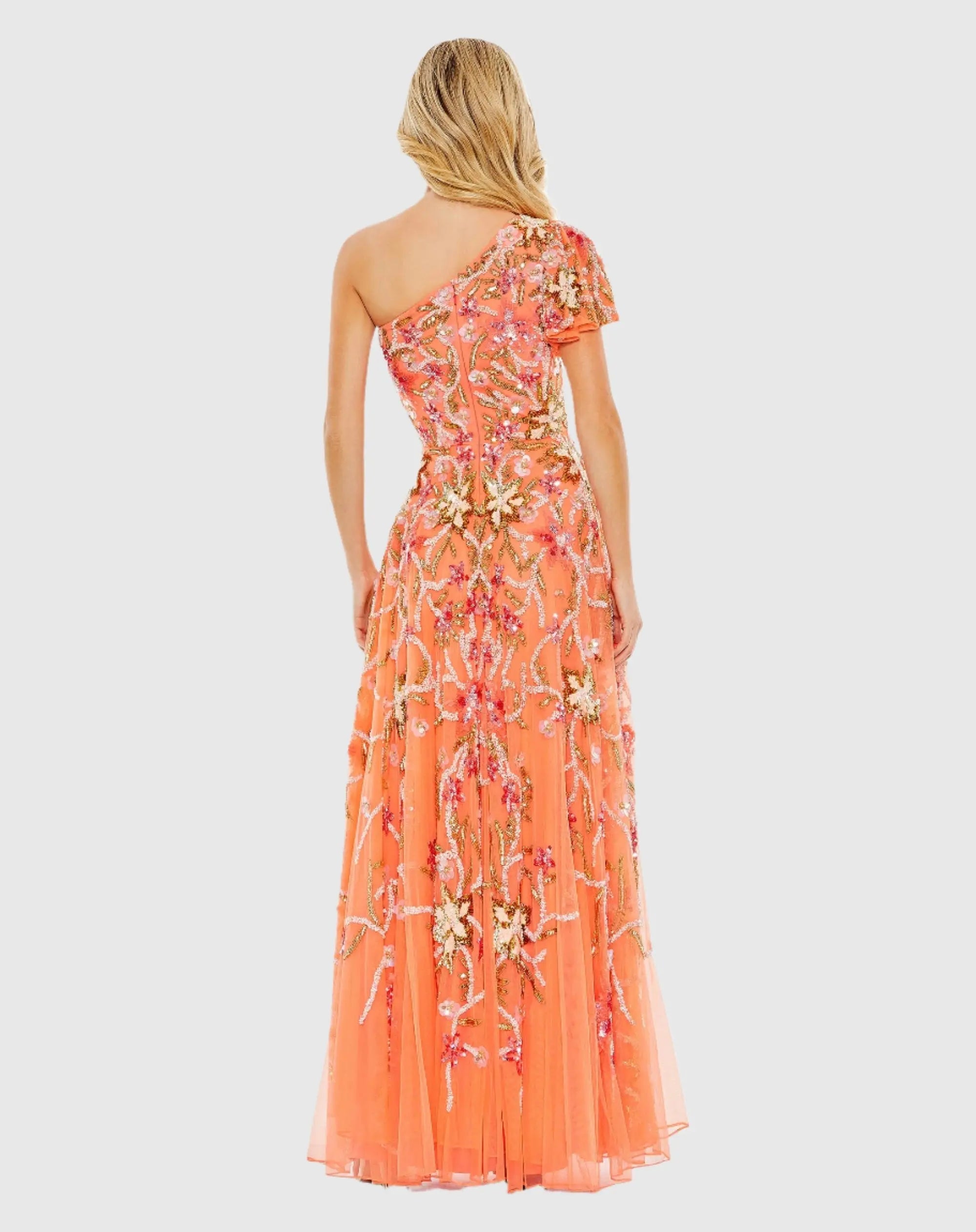 Orange One Shoulder Floral Embellished Gown
