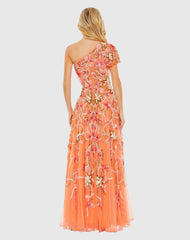 Orange One Shoulder Floral Embellished Gown