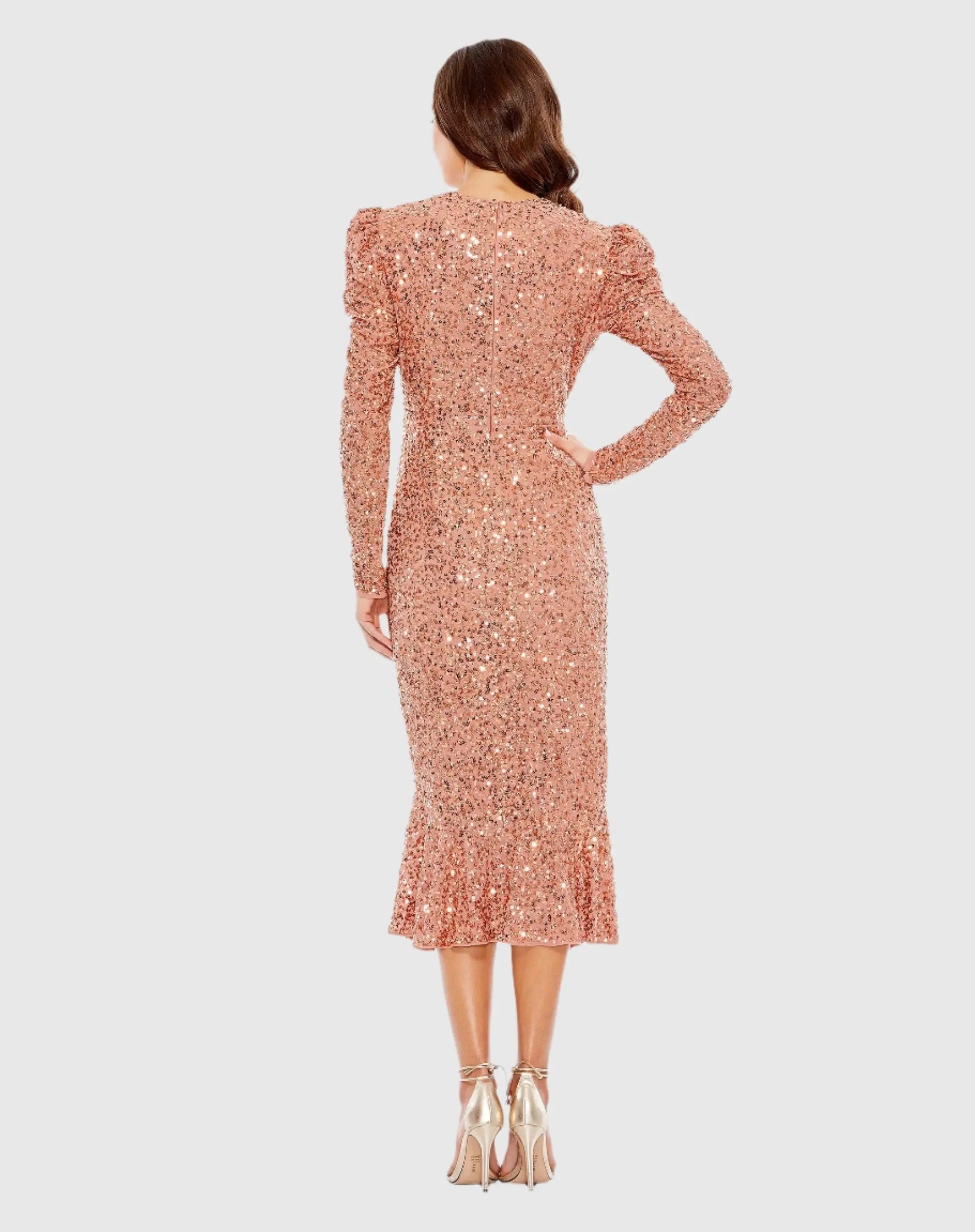Orange Sequined Long Sleeve High Neck Trumpet Dress - FINAL SALE