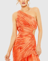 Orange Side Cut-Out One-Shoulder Pleated Gown