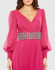 Pink Bishop Sleeve Wrap Over Belt Detail Flowy Gown