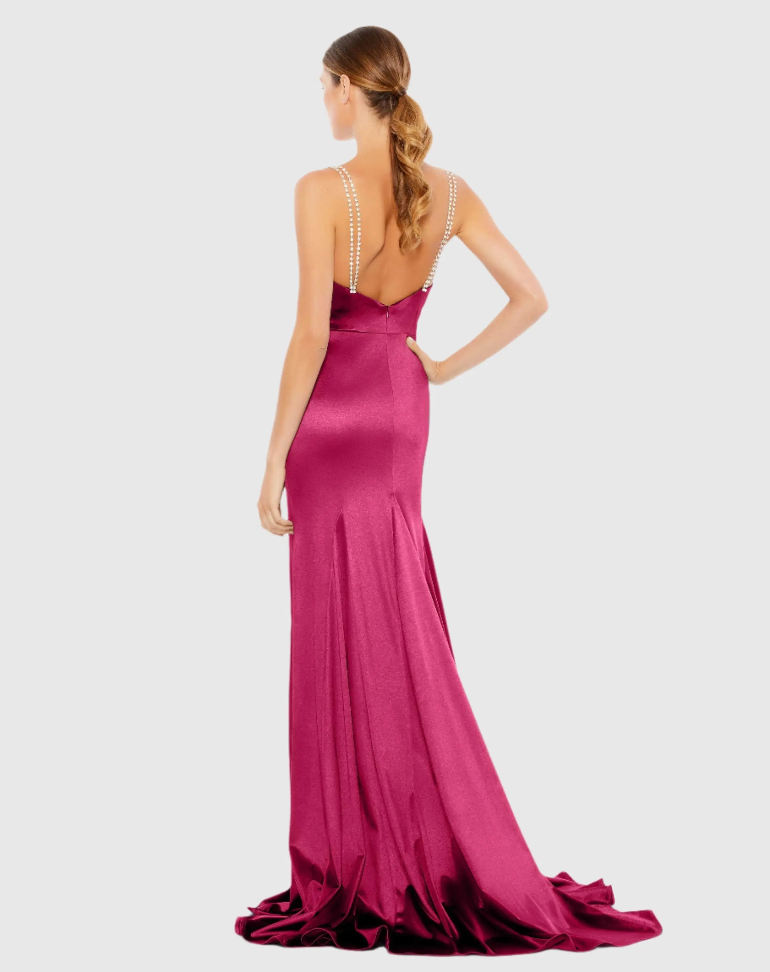 Pink Charmeuse Rhinestone Strap Trumpet Gown