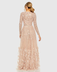 Pink Disc Embellished Sequin Gown with Feather Detail