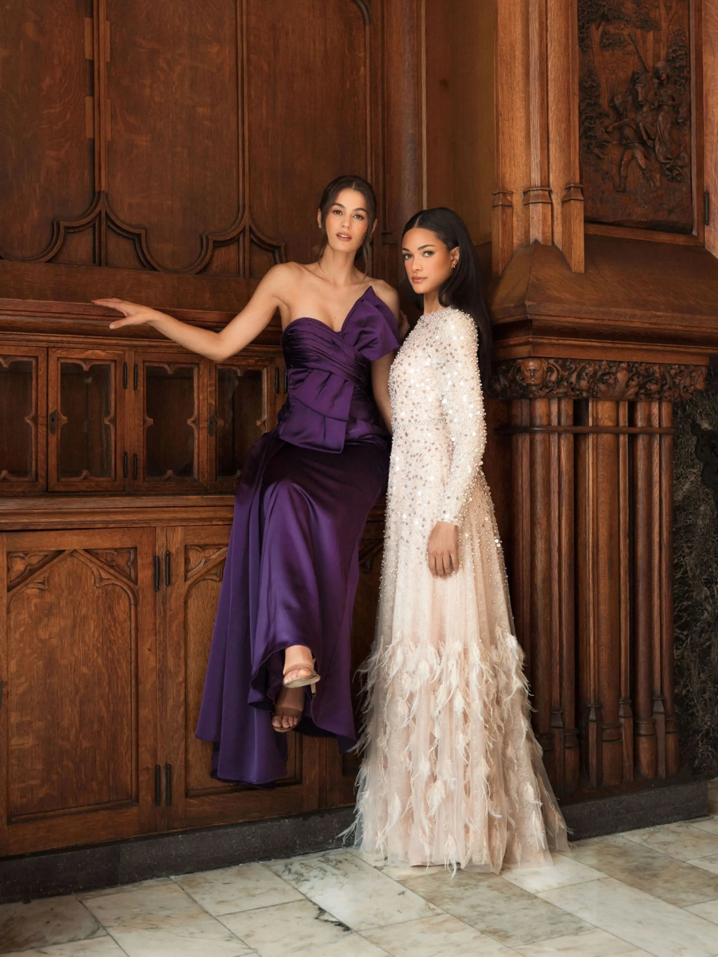 Pink Disc Embellished Sequin Gown with Feather Detail