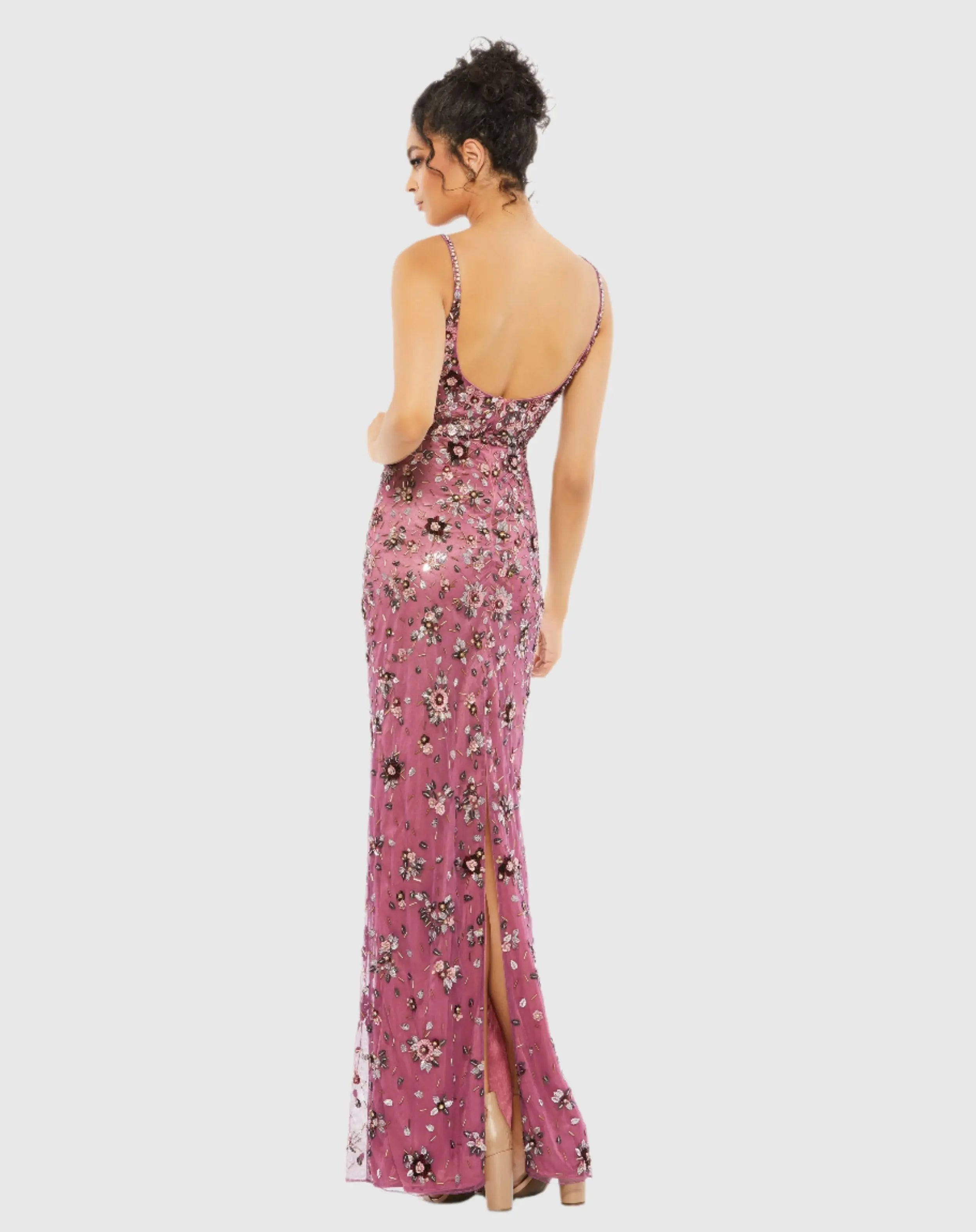Pink Floral Embellished Scoop Neck Evening Gown