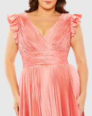 Pink Flutter Sleeve Pleated V-Neck Gown (Plus)