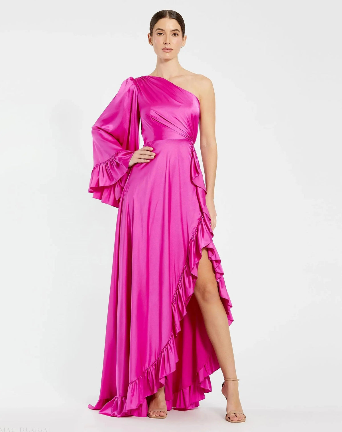 Pink Long One Sleeve Asymmetrical Ruffle Hem Gown