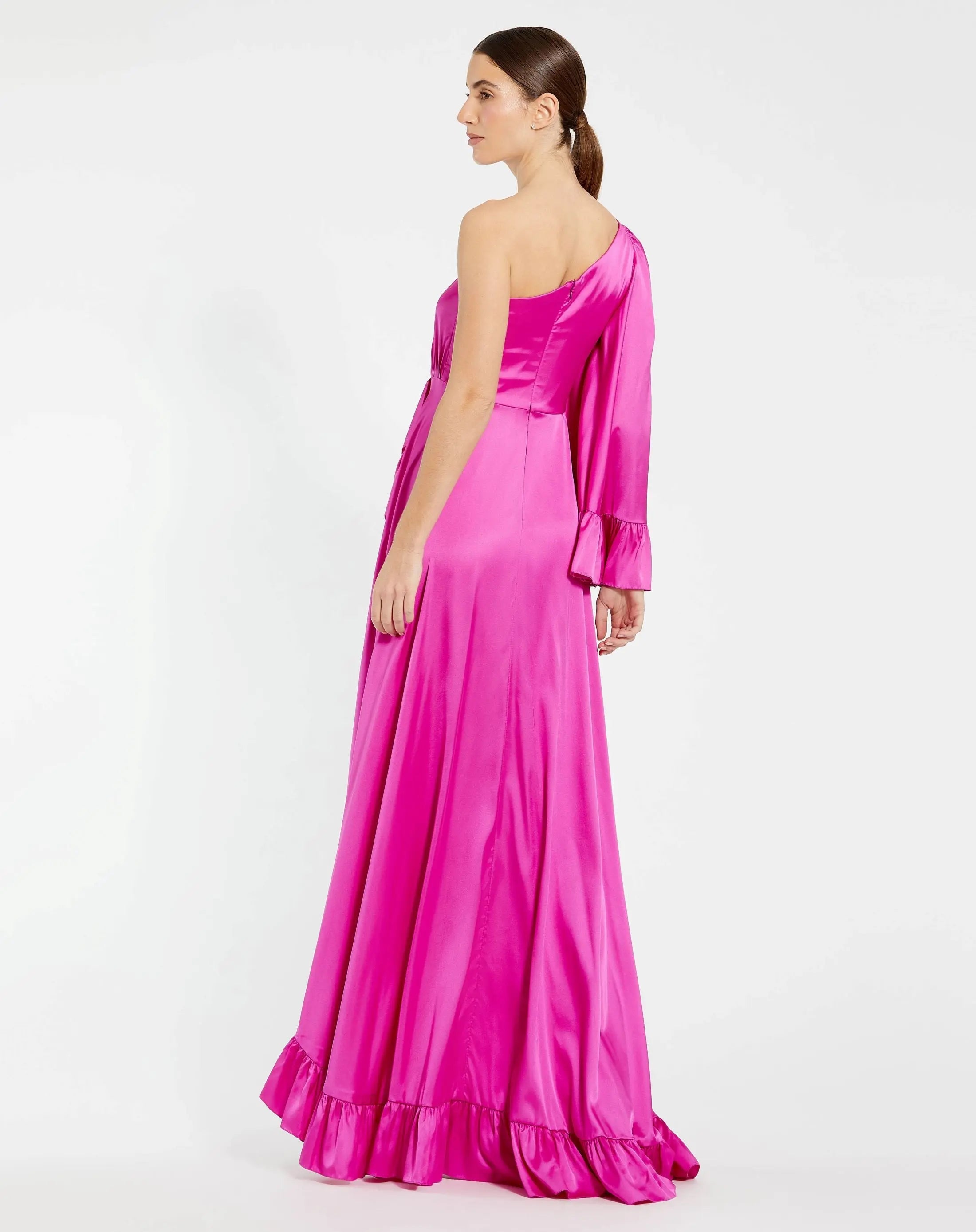 Pink Long One Sleeve Asymmetrical Ruffle Hem Gown