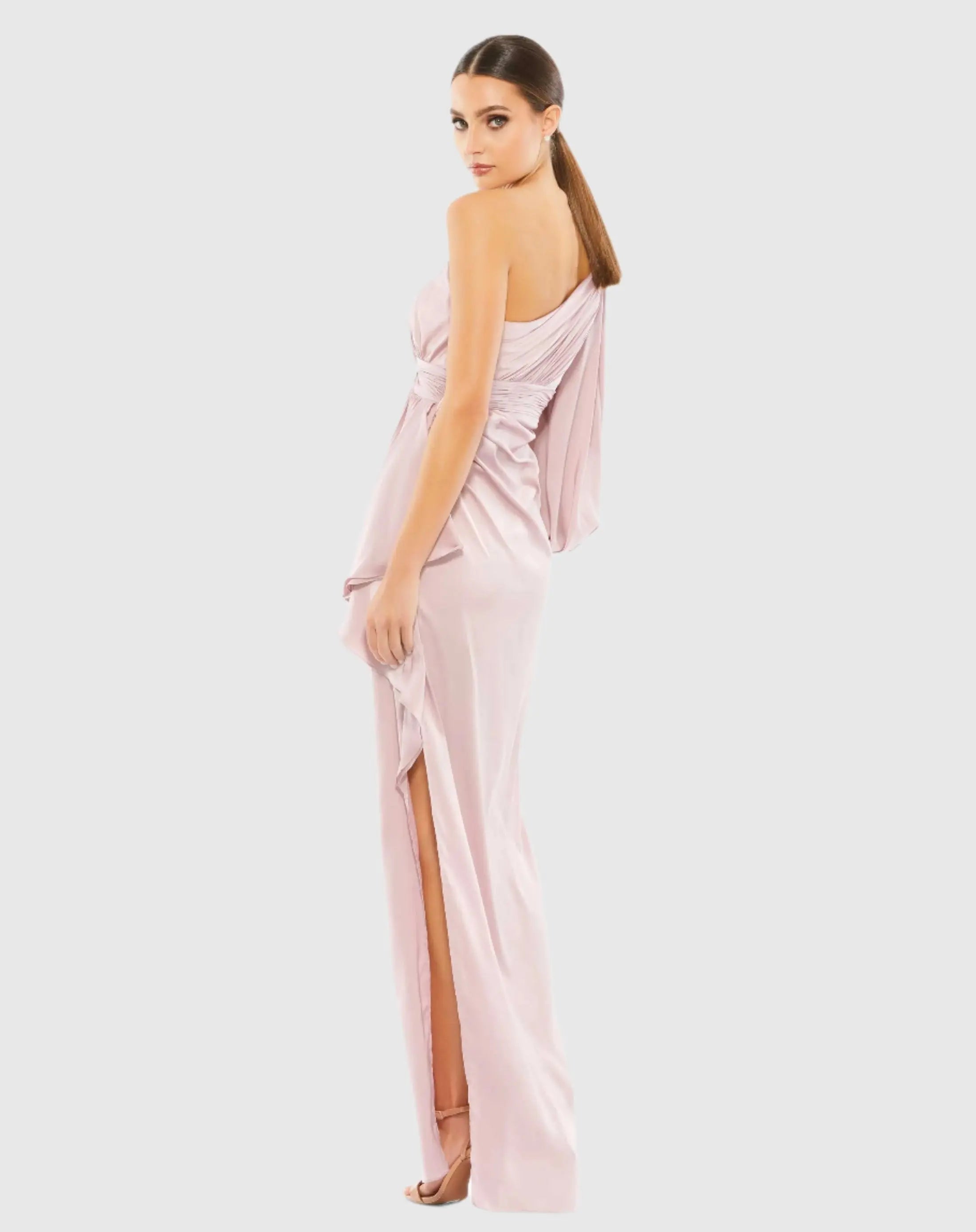 Pink One Shoulder Bishop Sleeve Gown
