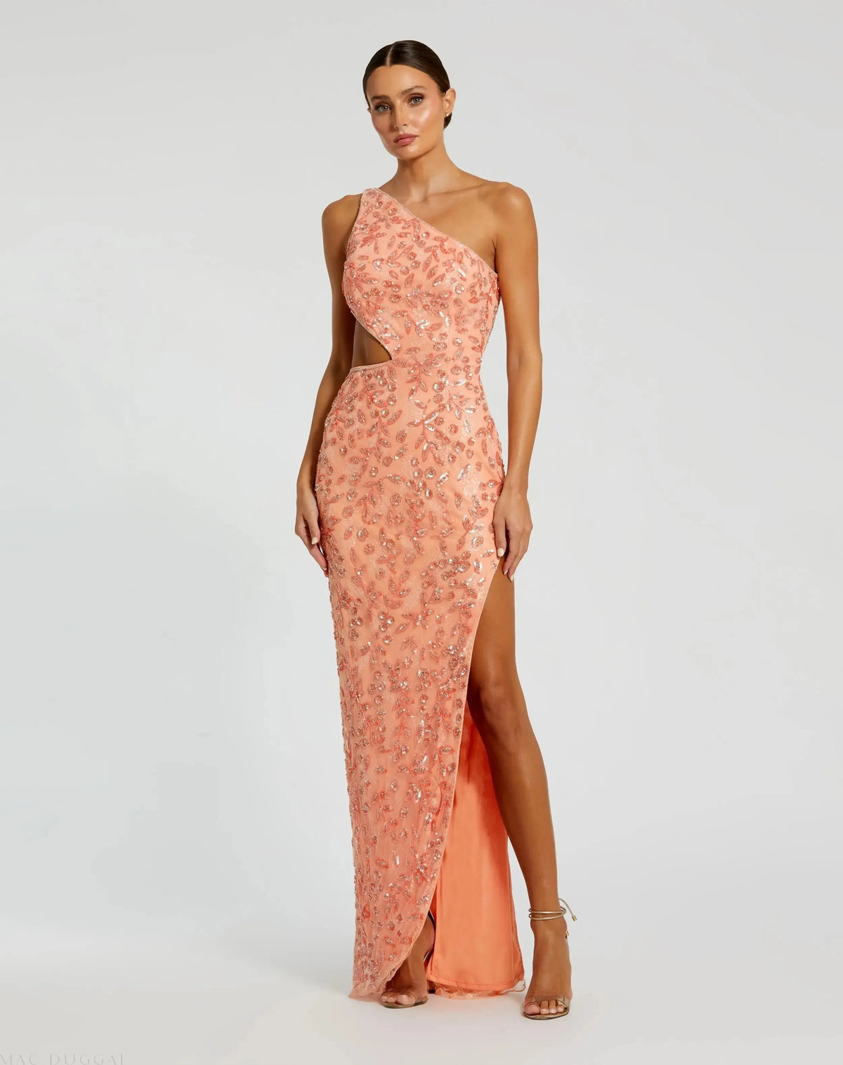 Pink One Shoulder Embellished Gown With Slit