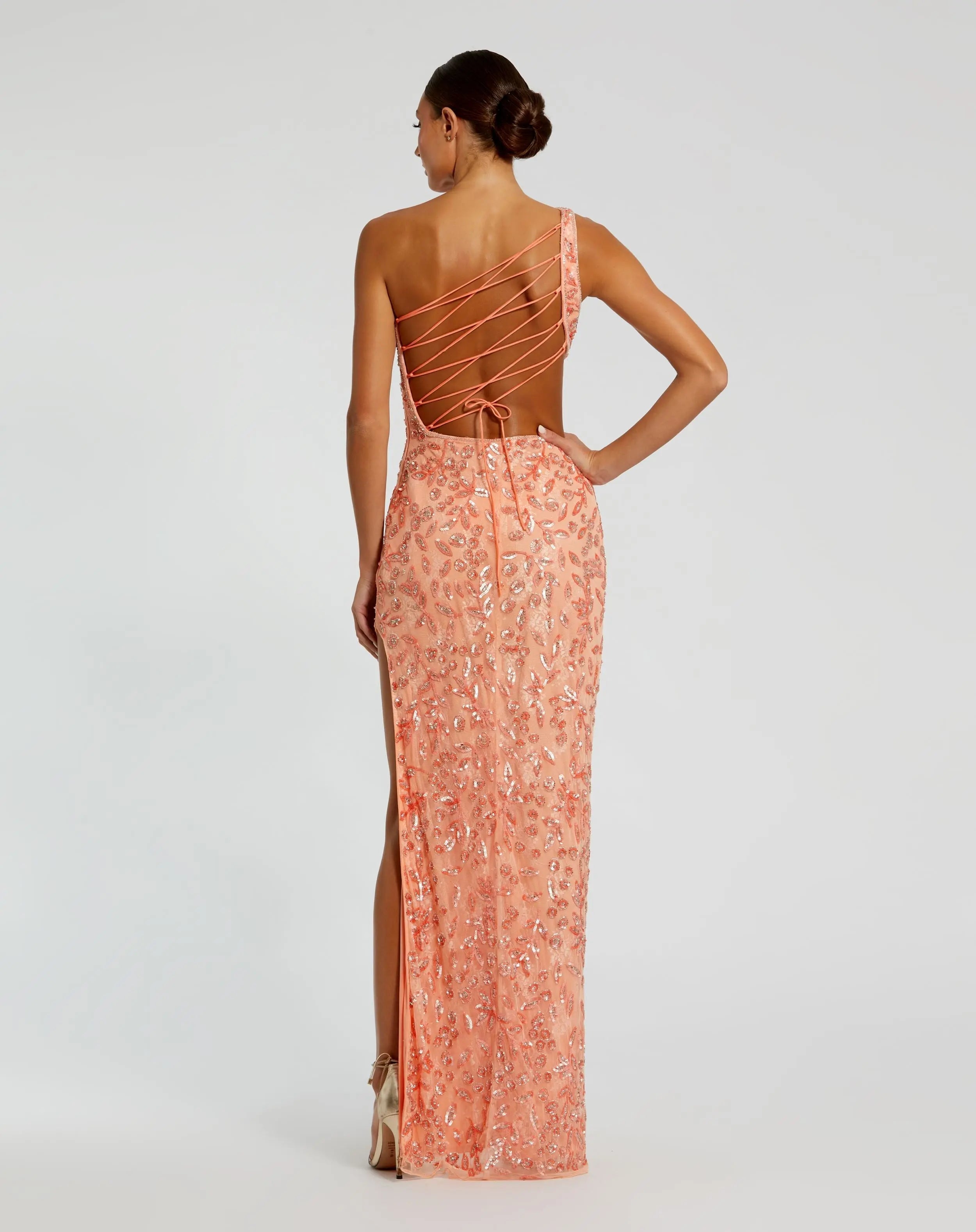 Pink One Shoulder Embellished Gown With Slit