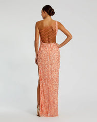 Pink One Shoulder Embellished Gown With Slit